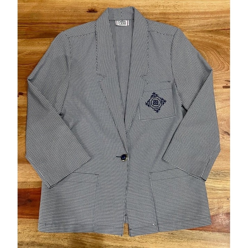 Cricket Lane Vintage Navy White Gingham Preppy Blazer Monogram Pocket Womens 12